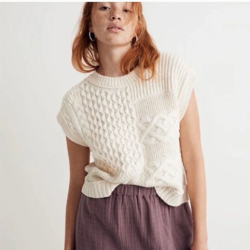 Madewell Patchwork Sweater Vest in Antique Cream SZ S Cable Knit Fisherman
